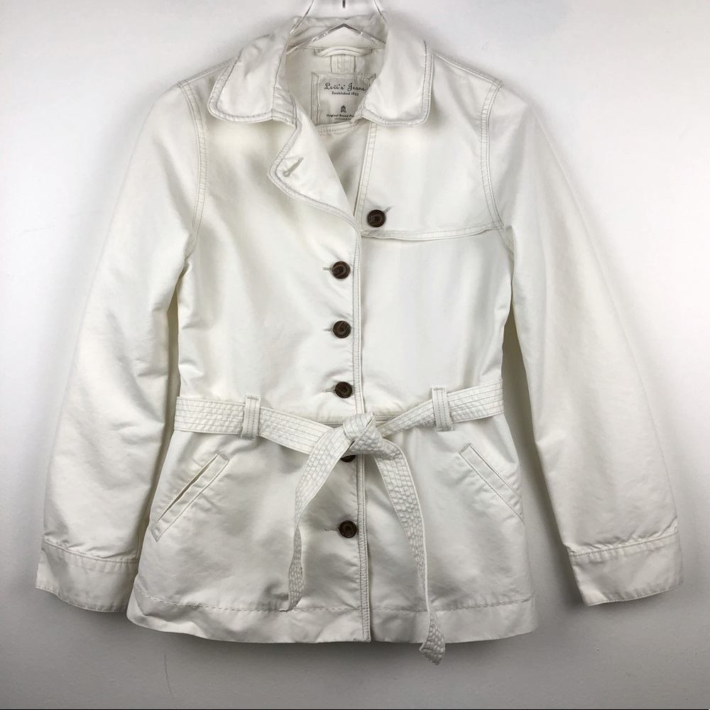 Levi’s White Cotton Belted Button Up Jean Denim Jacket Size Medium